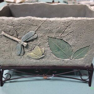 Vintage Resin Box Planter w/Metal Base, Leaf and Dragonfly Detail